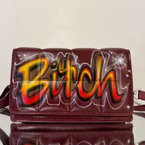 BAD BEE Quilted Airbrush Graffiti Shoulder Bag Crossbody Purse Genuine Leather